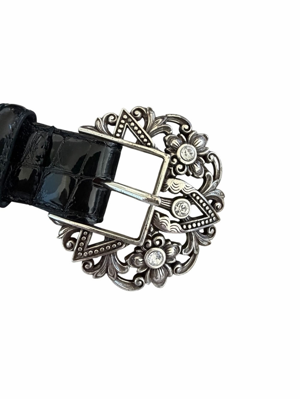 Vintage Brighton Black Croc Embossed Leather Belt Silver Crystal Buckle Size 32 - Picture 7 of 13